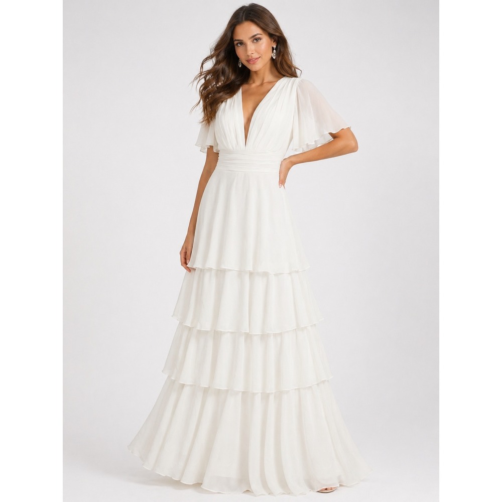 White V-Neck Tiered Maxi Dress Flutter Sleeve‎ Formal Bridal Gown Size 8